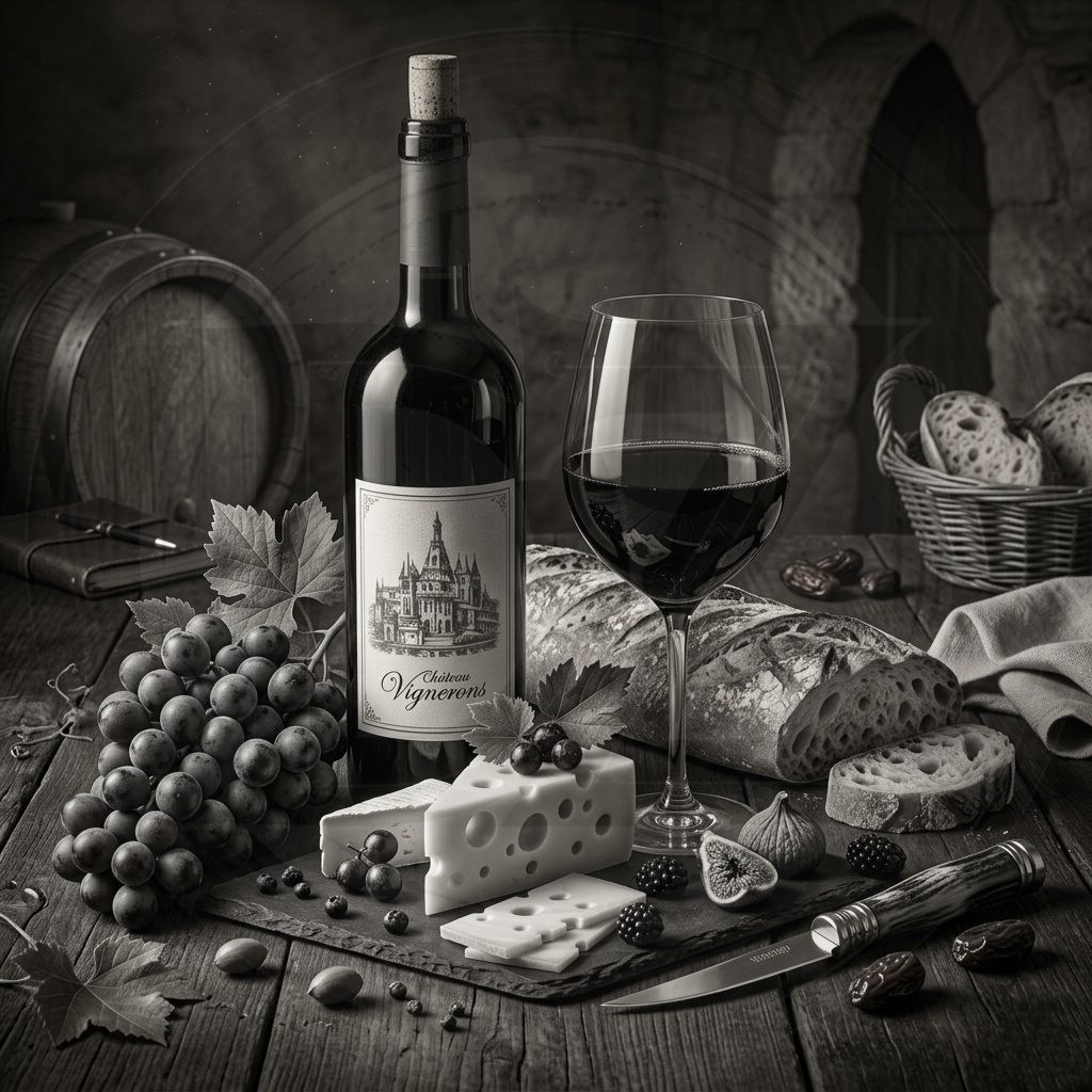Wine bottle, glass, grapes, bread, and cheese on a wooden table with a rustic background.