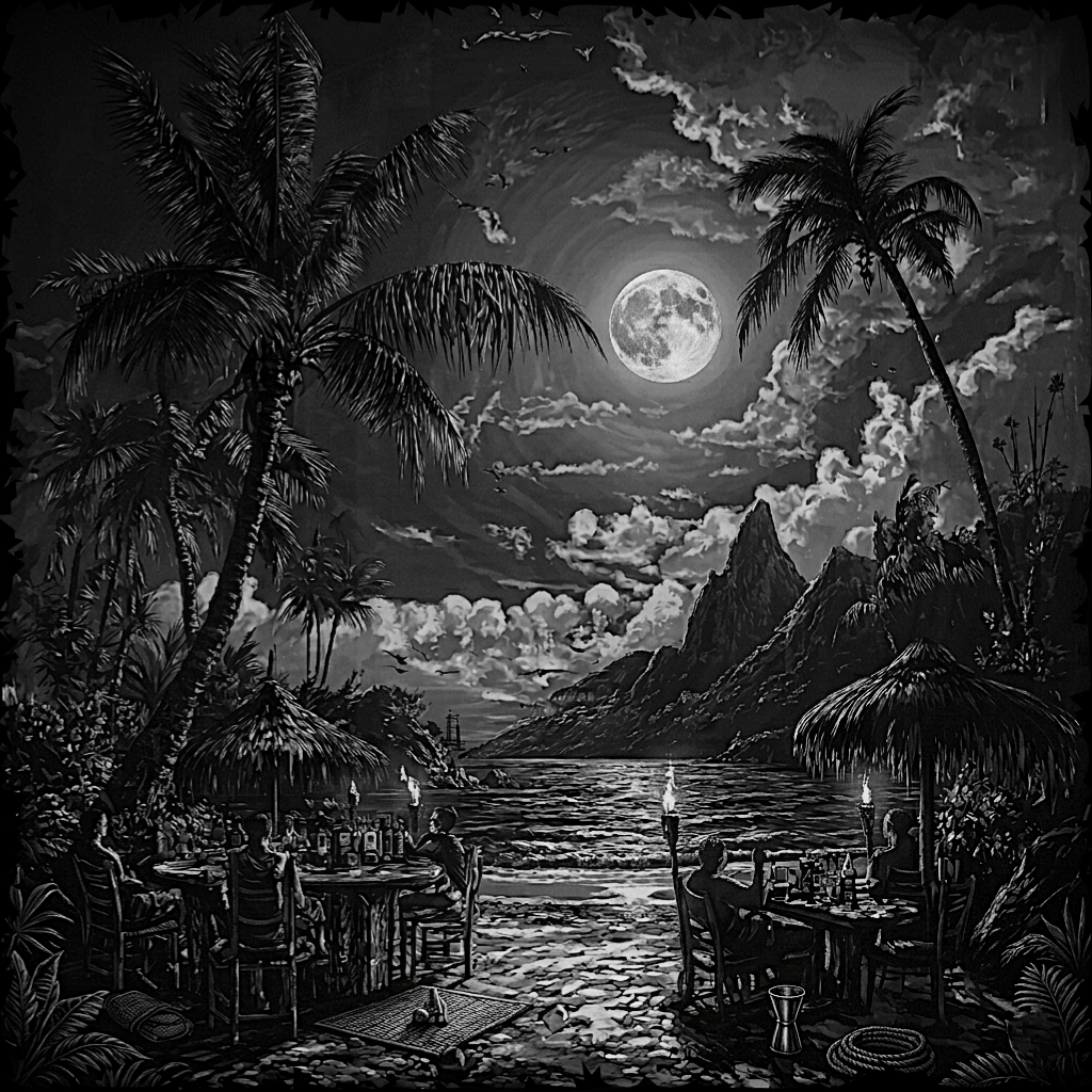 Tropical island scene with palm trees, a full moon, and people dining by lantern light.