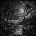 Tropical island scene with palm trees, a full moon, and people dining by lantern light.