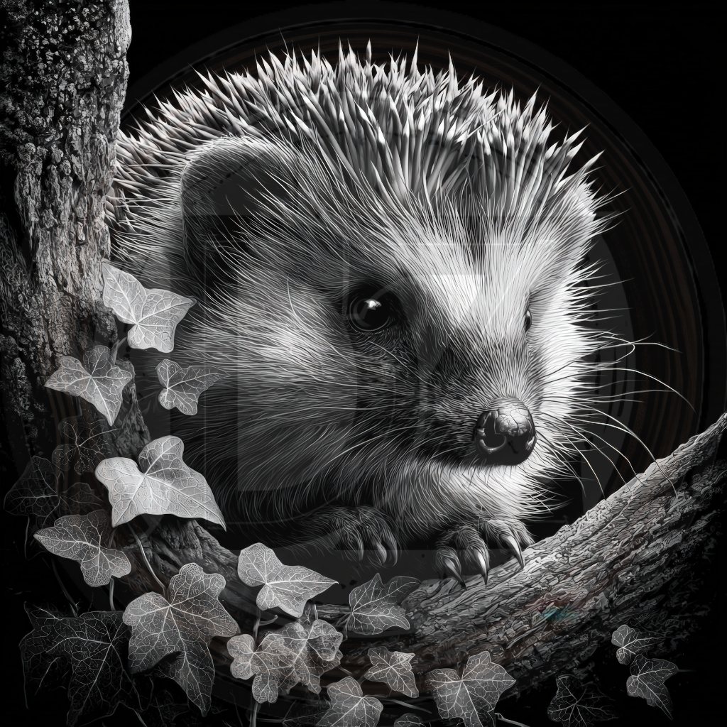 Black and white illustration of a hedgehog among leaves and branches