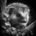 Black and white illustration of a hedgehog among leaves and branches