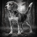 Dog standing in a forest with a misty background