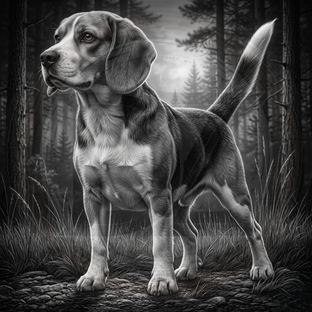 Dog standing in a forest with a misty background