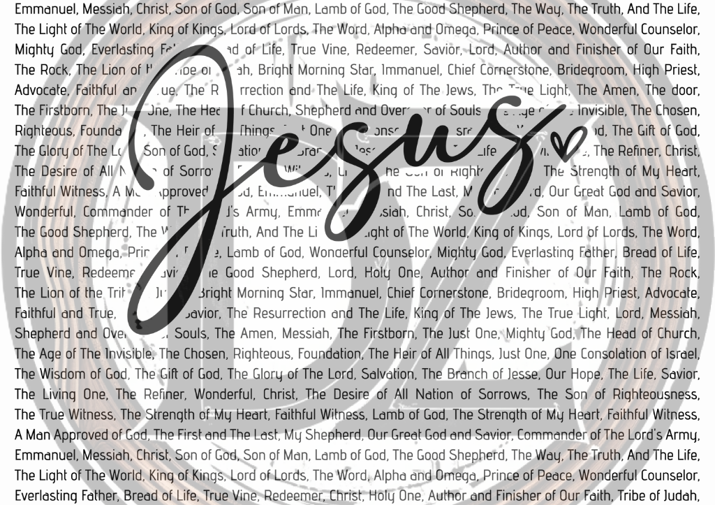 word 'Jesus' in the center, surrounded by religious text.