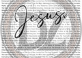 word 'Jesus' in the center, surrounded by religious text.