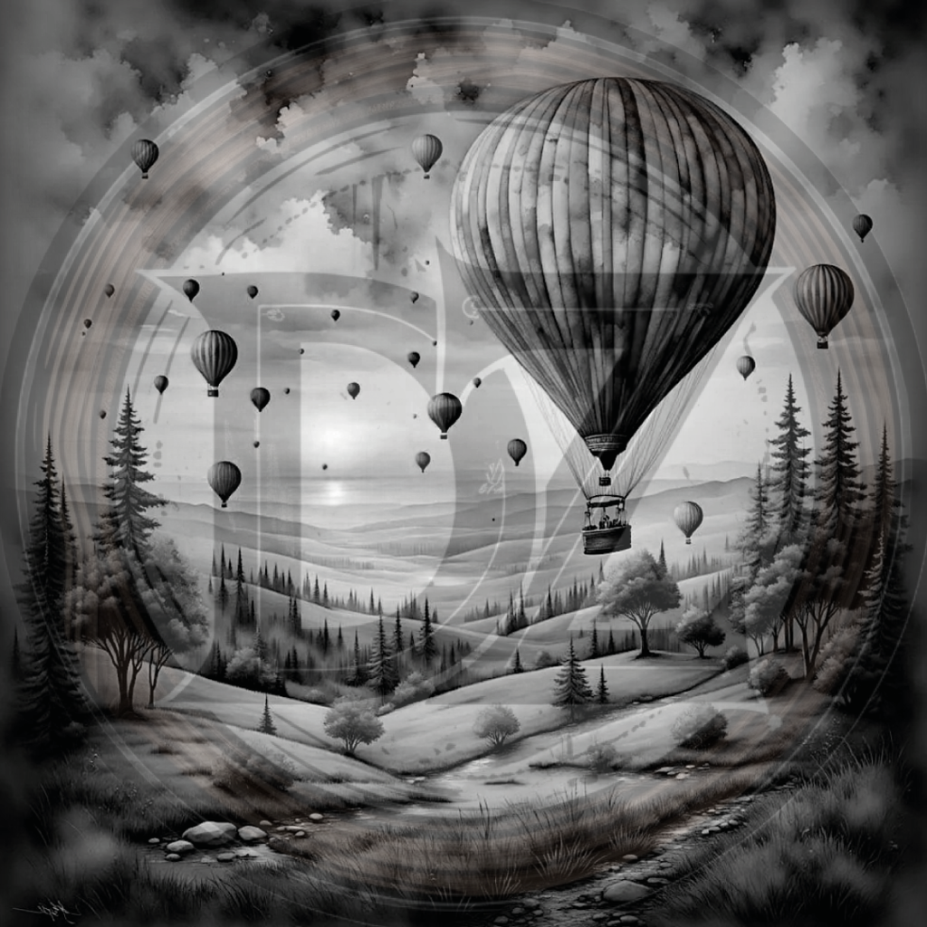 Black and white illustration of hot air balloons over a landscape with trees and mountains.