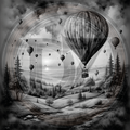 Black and white illustration of hot air balloons over a landscape with trees and mountains.