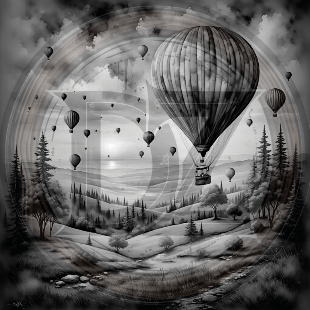Black and white illustration of hot air balloons over a landscape with trees and mountains.