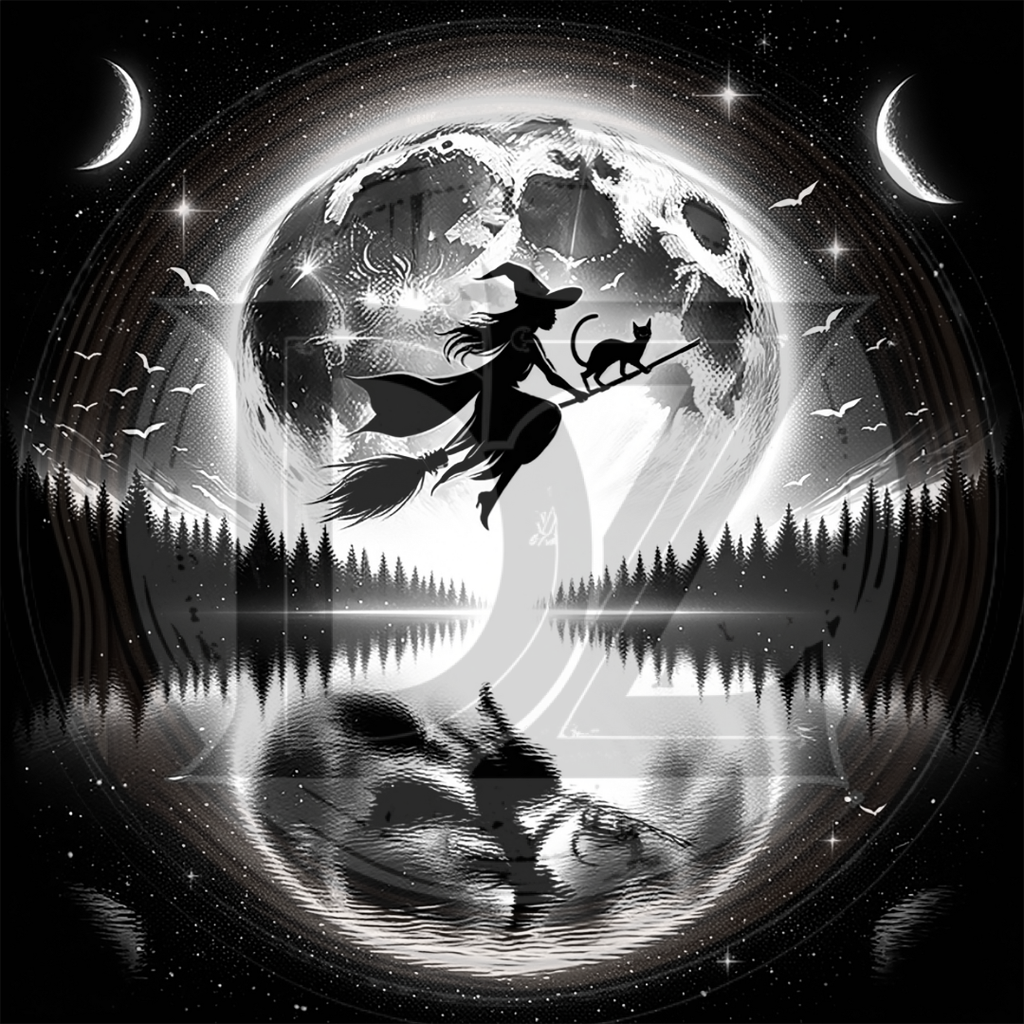Silhouette of a witch on a broomstick with a cat against a moonlit sky and reflective water surface.