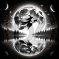 Silhouette of a witch on a broomstick with a cat against a moonlit sky and reflective water surface.