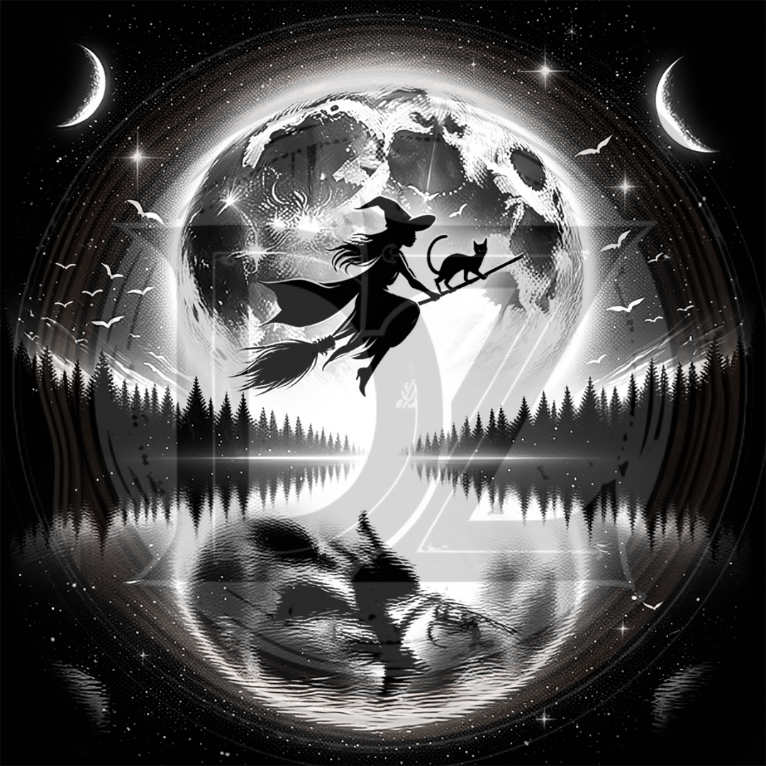 Silhouette of a witch on a broomstick with a cat against a moonlit sky and reflective water surface.