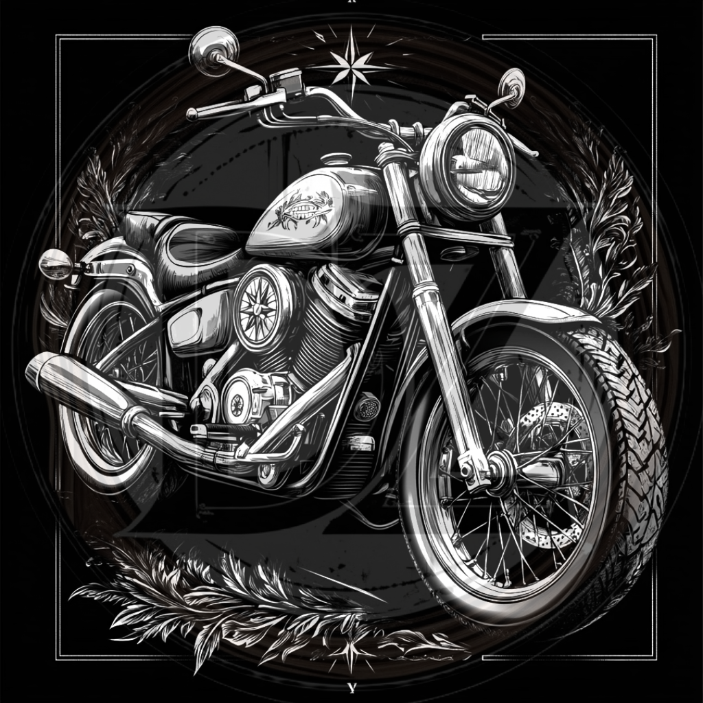 Black and white illustration of a motorcycle with decorative elements on a dark background