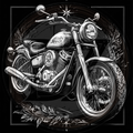 Black and white illustration of a motorcycle with decorative elements on a dark background