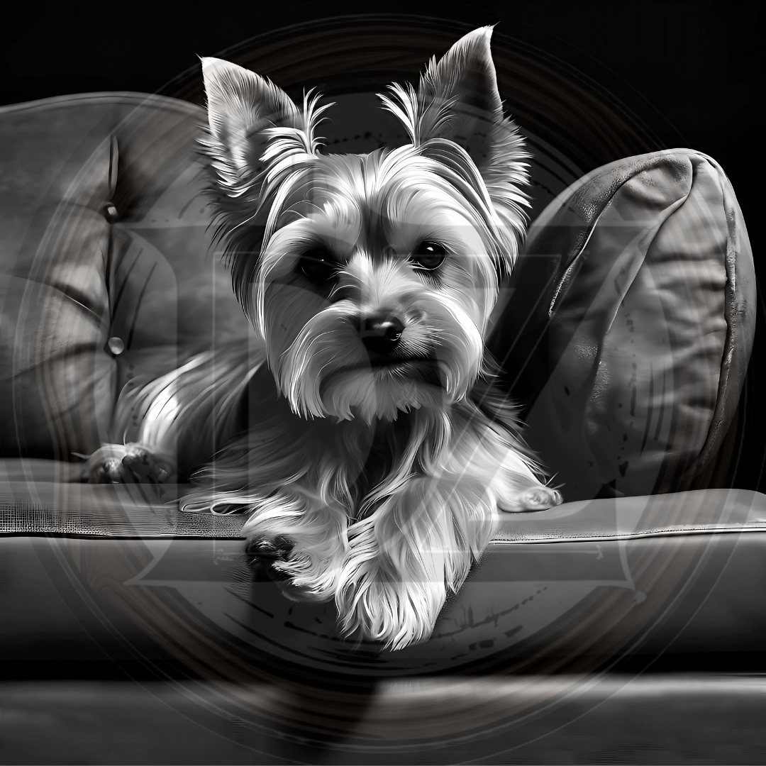 Black and white dog sitting on a couch