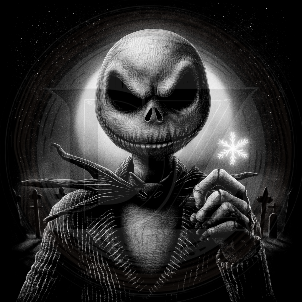 Black and white illustration of a character with a skull-like face and long coat, holding a rose, with a dark background and light effects.