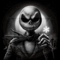 Black and white illustration of a character with a skull-like face and long coat, holding a rose, with a dark background and light effects.