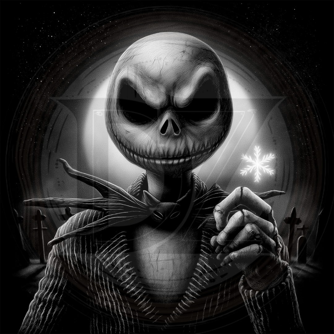 Black and white illustration of a character with a skull-like face and long coat, holding a rose, with a dark background and light effects.
