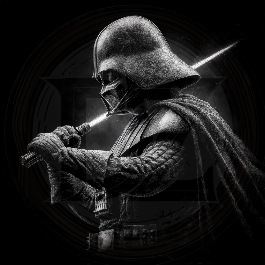 Black and white image of a character holding a lightsaber with a dark background