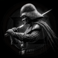Black and white image of a character holding a lightsaber with a dark background