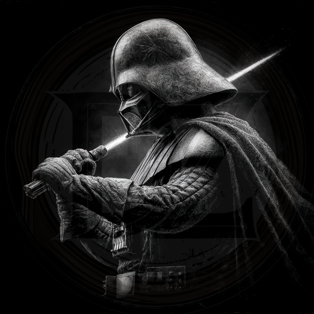 Black and white image of a character holding a lightsaber with a dark background