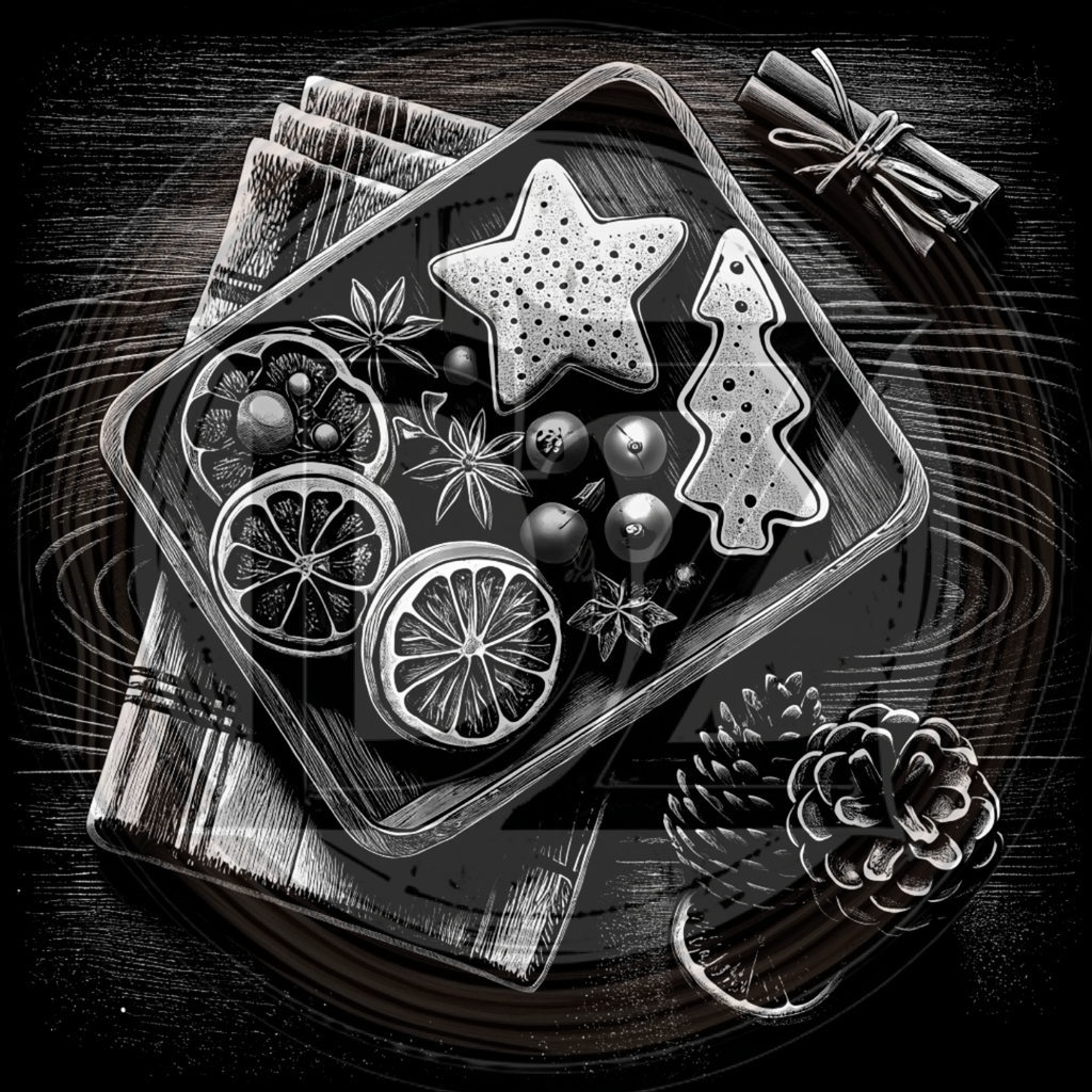 Decorative tray with star and tree-shaped cookies, dried citrus slices, and pine cones on a wooden surface.