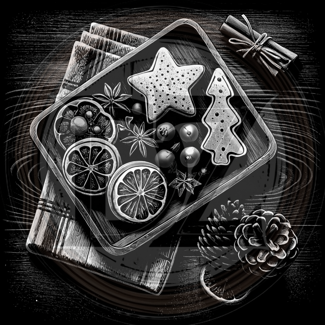 Decorative tray with star and tree-shaped cookies, dried citrus slices, and pine cones on a wooden surface.