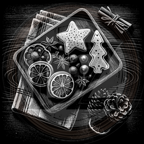 Decorative tray with star and tree-shaped cookies, dried citrus slices, and pine cones on a wooden surface.