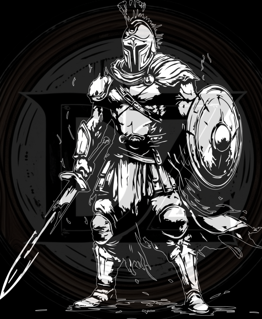 Black and white illustration of a warrior holding a spear and shield on a dark background