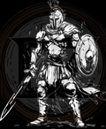 Black and white illustration of a warrior holding a spear and shield on a dark background