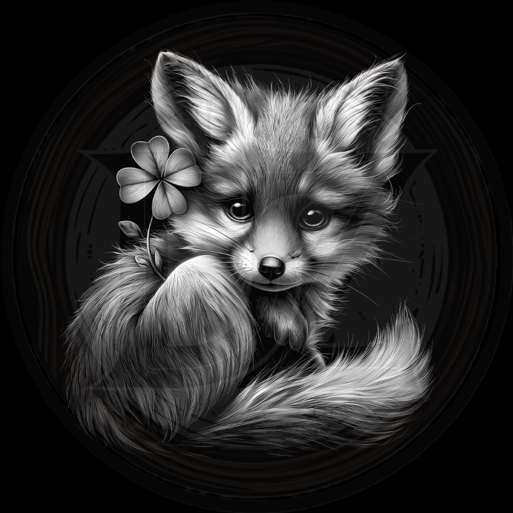 Black and white illustration of a fox holding a clover leaf