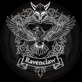 Ravenclaw emblem with a raven and decorative elements on a black background