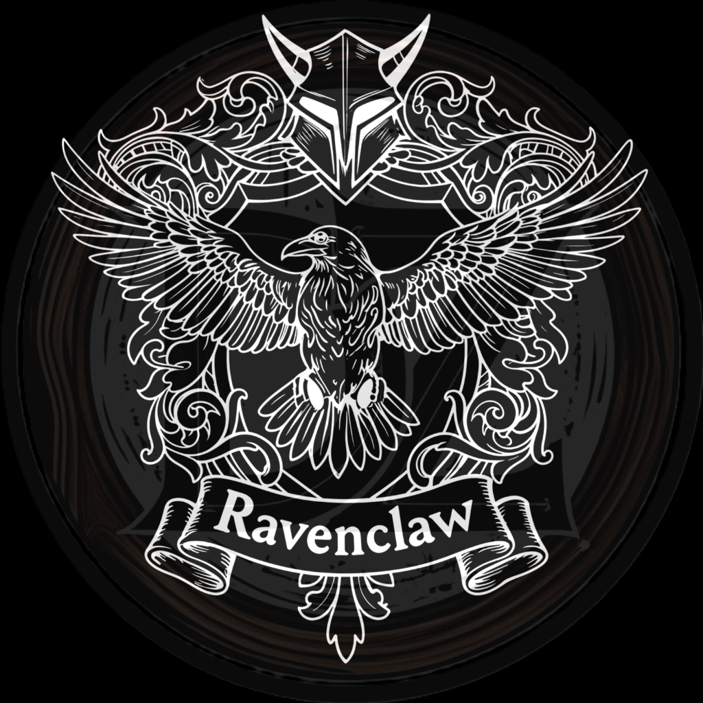 Ravenclaw emblem with a raven and decorative elements on a black background