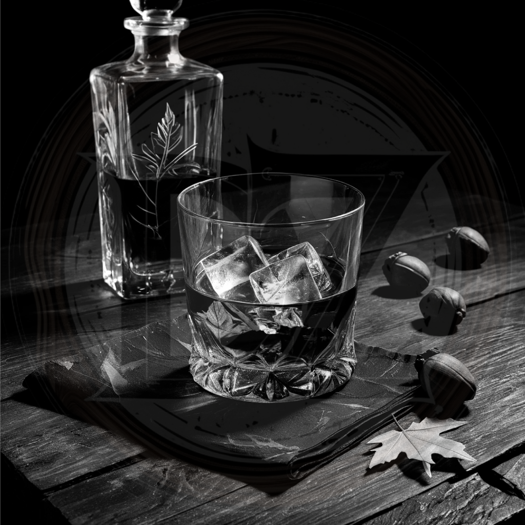 Glass of whiskey with ice cubes next to a decanter on a wooden surface.