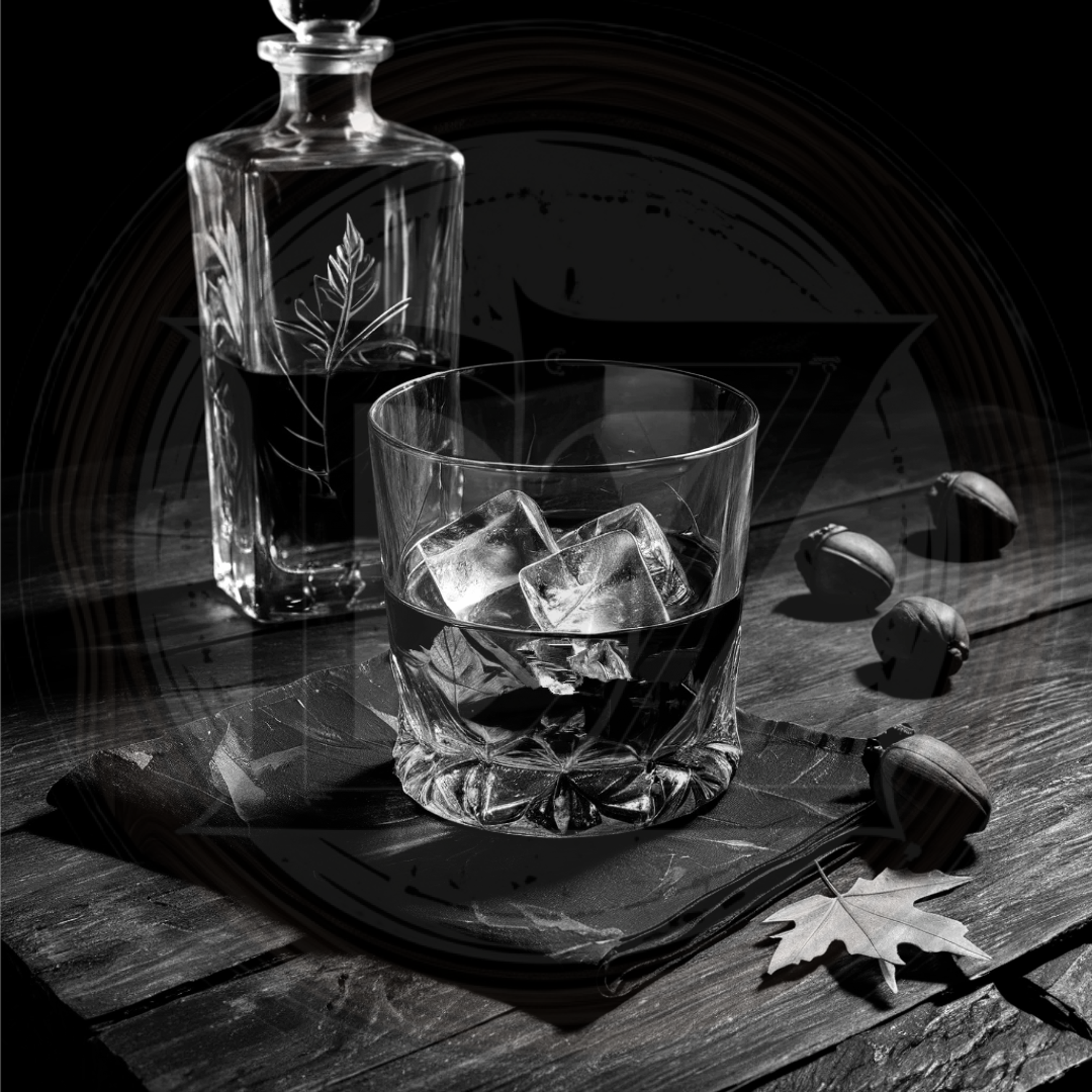 Glass of whiskey with ice cubes next to a decanter on a wooden surface.