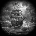 Vintage ship sailing through stormy seas with dark clouds and rocky cliffs.