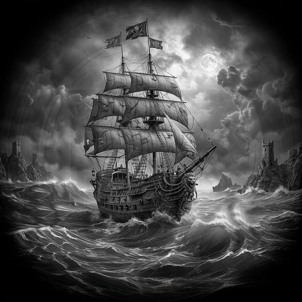 Vintage ship sailing through stormy seas with dark clouds and rocky cliffs.