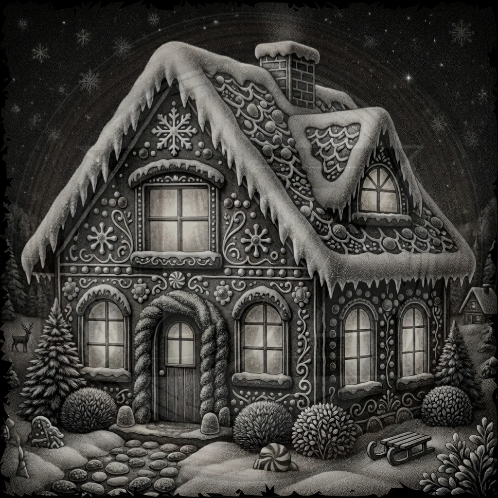 Illustration of a snow-covered gingerbread house with decorative elements on a dark background.