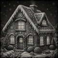 Illustration of a snow-covered gingerbread house with decorative elements on a dark background.
