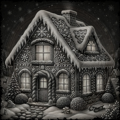Illustration of a snow-covered gingerbread house with decorative elements on a dark background.
