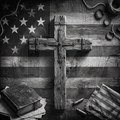 Wooden cross on a rustic American flag background with books and coins.