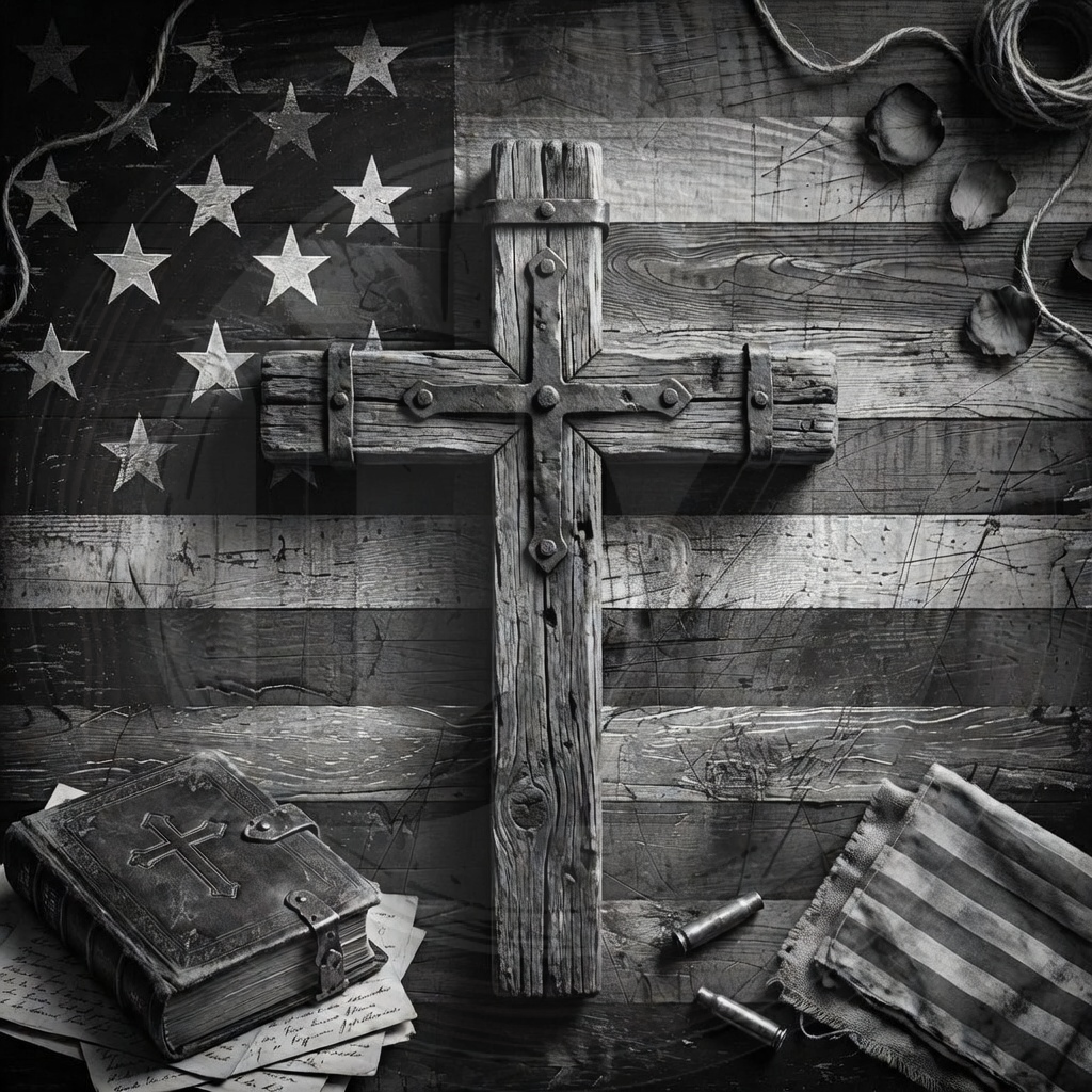 Wooden cross on a rustic American flag background with books and coins.