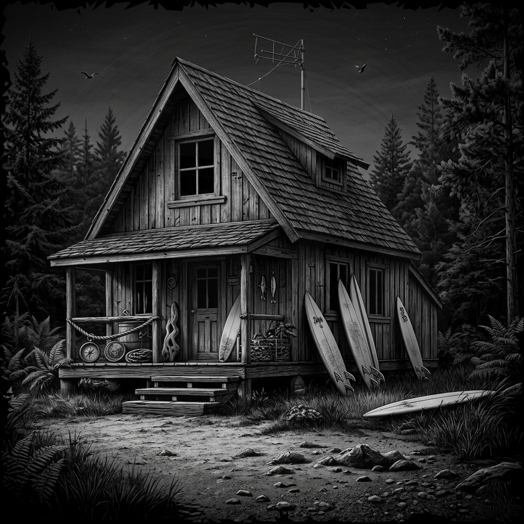 Wooden cabin in a forest with surfboards leaning against it, black and white illustration.