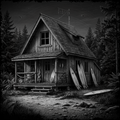 Wooden cabin in a forest with surfboards leaning against it, black and white illustration.