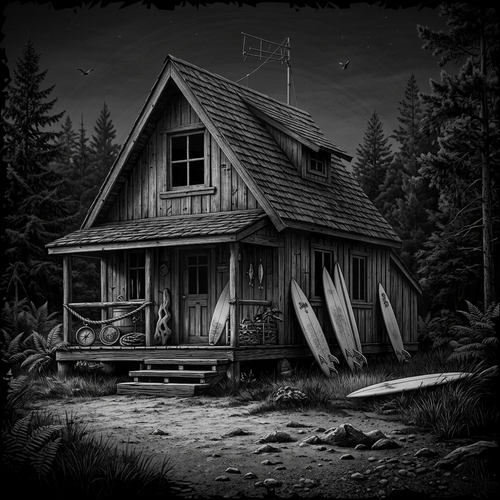 Wooden cabin in a forest with surfboards leaning against it, black and white illustration.