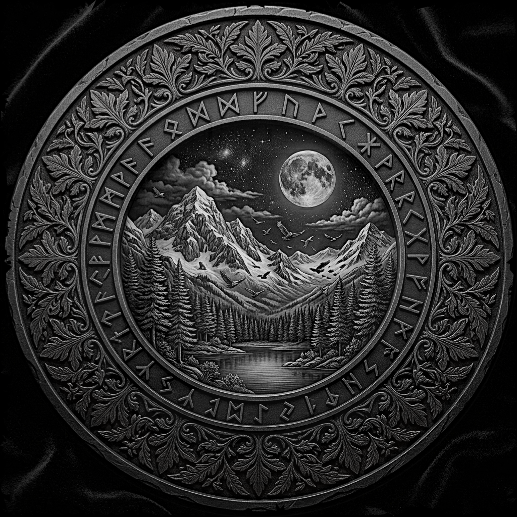 Decorative circular design with mountain landscape and moon, surrounded by ornate patterns and text.