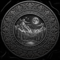 Decorative circular design with mountain landscape and moon, surrounded by ornate patterns and text.