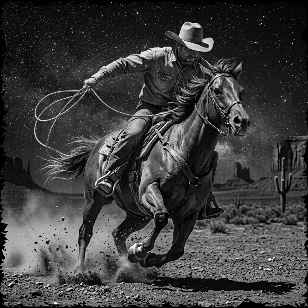Black and white image of a cowboy riding a horse with a lasso in a desert landscape.