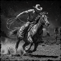 Black and white image of a cowboy riding a horse with a lasso in a desert landscape.