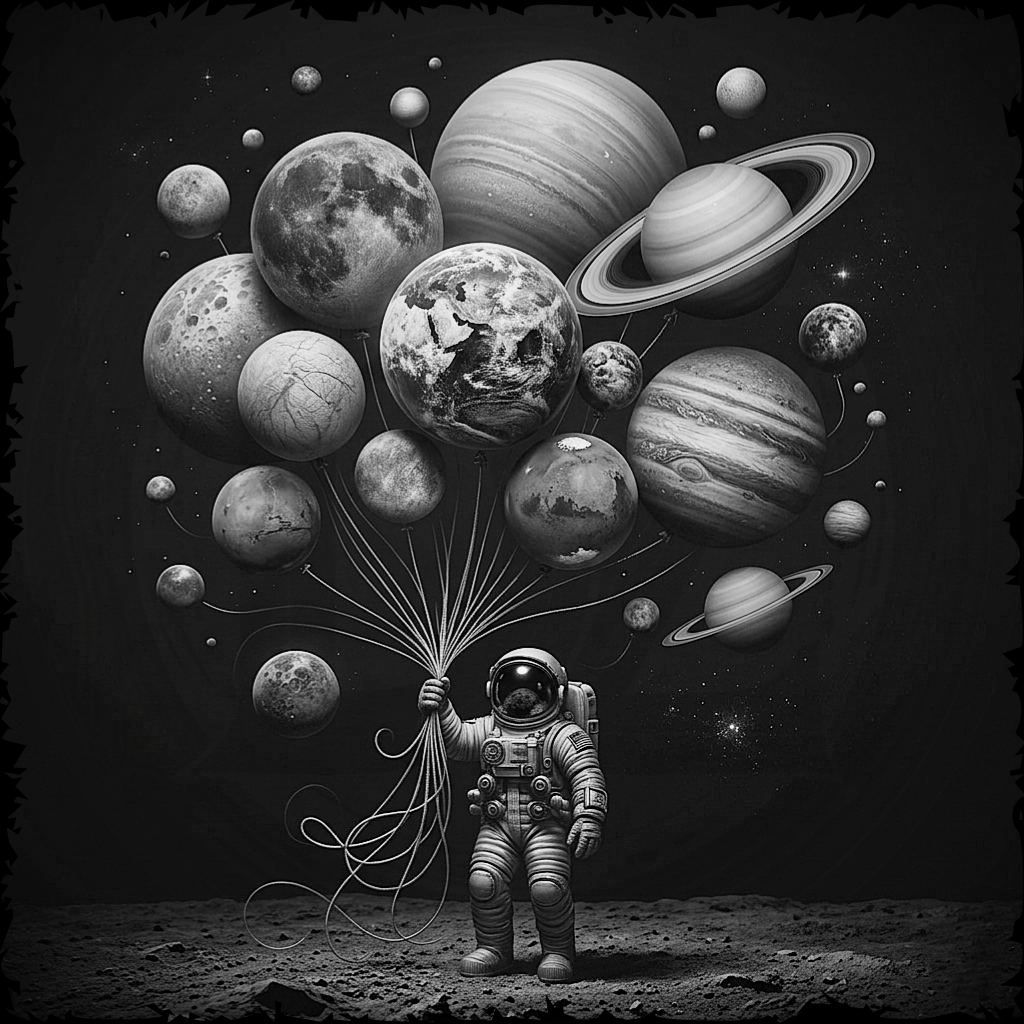 Illustration of an astronaut holding balloons shaped like planets on a dark space background