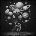 Illustration of an astronaut holding balloons shaped like planets on a dark space background